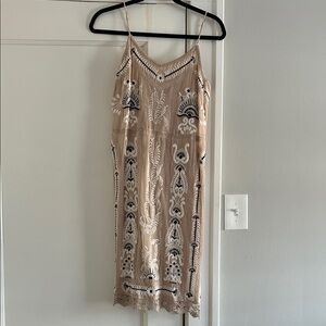 Maeve Beige and Black Embroidered Midi Dress